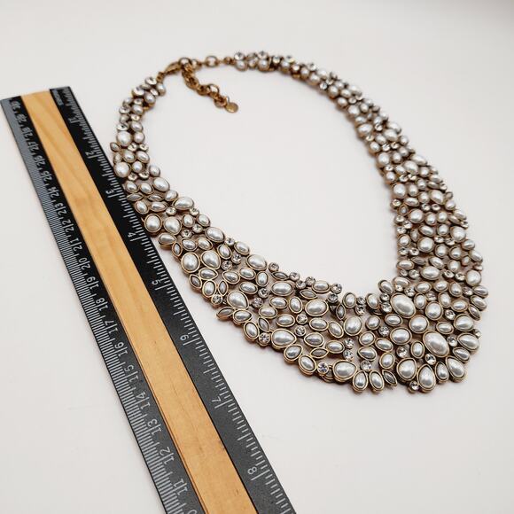 Bubblebar Gold Tone Faux Pearl Statement Necklace 20 Inch Rhinestone Collar - Picture 9 of 11